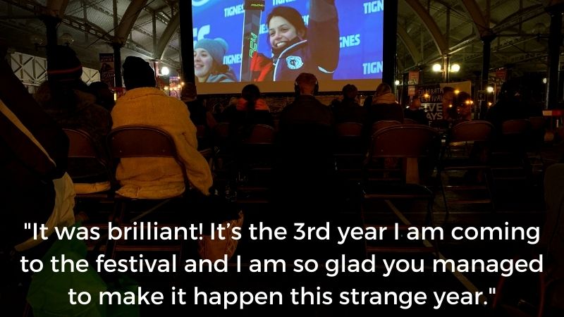 Shows audience watching film with quote "It was brilliant! It’s the 3rd year I am coming to the festival and I am so glad you managed to make it happen this strange year."
